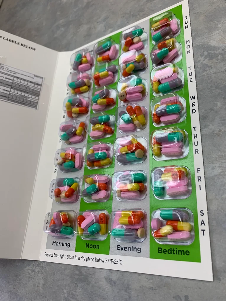 Weekly blister pack with medications sorted by morning, noon, evening, and bedtime